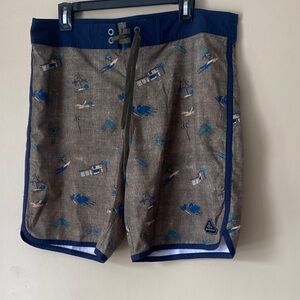 Prana Brown and Blue Men's Swim Board Shorts with Surf Motif